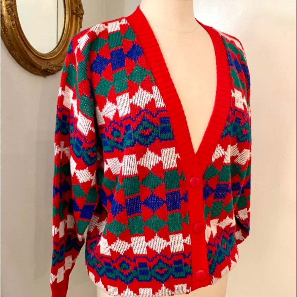 Vintage V Neck Cardigan Cabin Creek 80s geometric Red Blue Green Christmas  L